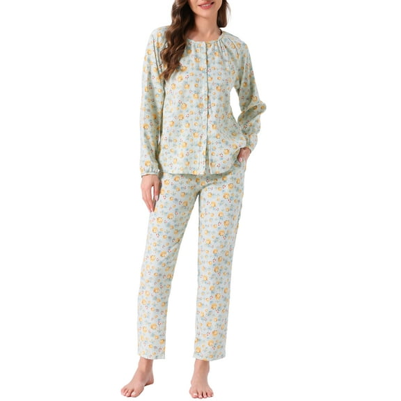 Womens Pajamas Set Long Sleeves Cotton  Button Down U Neck Flower Cute 2 Piece Loungewear with Pocket M Green Floral