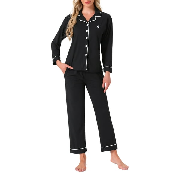 INSPIRE CHIC Womens Cotton Sleepwear Button Down Lounge Long Sleeve Shirt and Pants Pajama Sets L Black