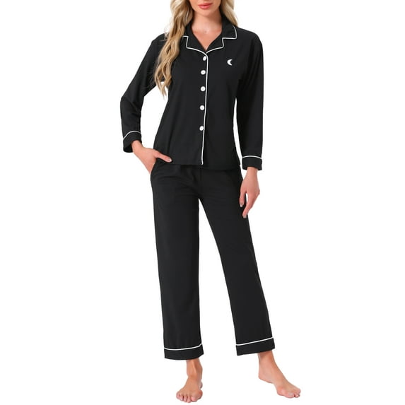 INSPIRE CHIC Womens Cotton Sleepwear Button Down Lounge Long Sleeve Shirt and Pants Pajama Sets L Black