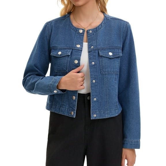 INSPIRE CHIC Womens Cropped Jean Jacket Collarless 2025 Western Long Sleeve Denim Jackets M Blue