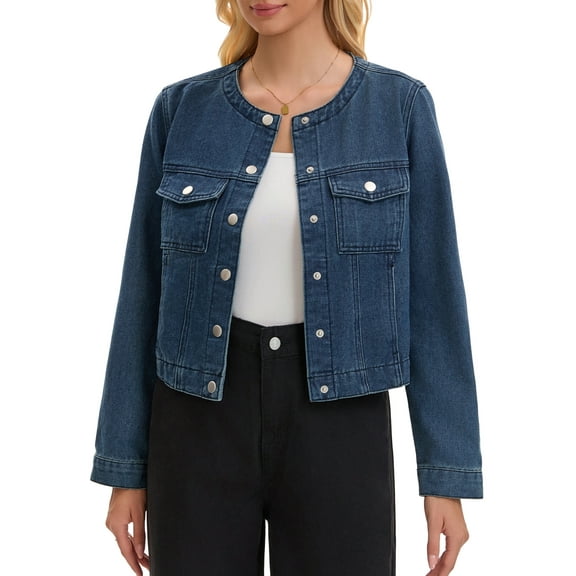 INSPIRE CHIC Womens Cropped Jean Jacket Collarless 2025 Western Long Sleeve Denim Jackets M Dark Blue