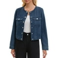 thumbnail image 1 of INSPIRE CHIC Womens Cropped Jean Jacket Collarless 2025 Western Long Sleeve Denim Jackets S Dark Blue, 1 of 3