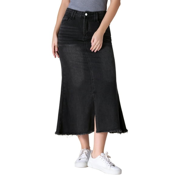 INSPIRE CHIC Womens Denim High Waisted A-Line Fishtail Long Jean Skirt S Black