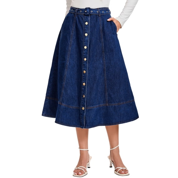 INSPIRE CHIC Womens Denim Skirt Button Front A Line Midi Jean Skirt M Dark Blue