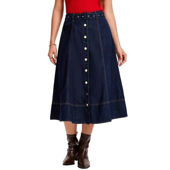 INSPIRE CHIC Womens Denim Skirt Button Front A Line Midi Jean Skirt S Deep Blue