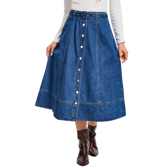 INSPIRE CHIC Womens Denim Skirt Button Front A Line Midi Jean Skirt XL Blue