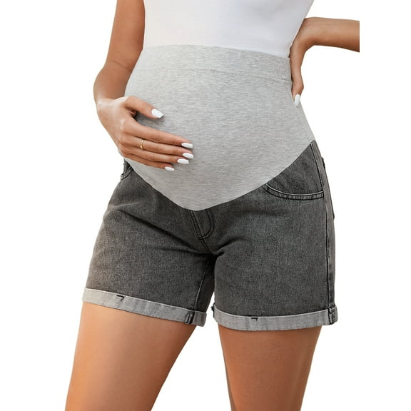 INSPIRE CHIC Women's Summer Lounge Workout Roll Hem with Pockets Maternity Pregnancy Denim Shorts Gray Small