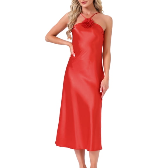 INSPIRE CHIC Womens Elegent Satin Nightgown Spaghetti Halter Midi Dress Silky Lightweight Tassel at the Bust Evening Dress M Red