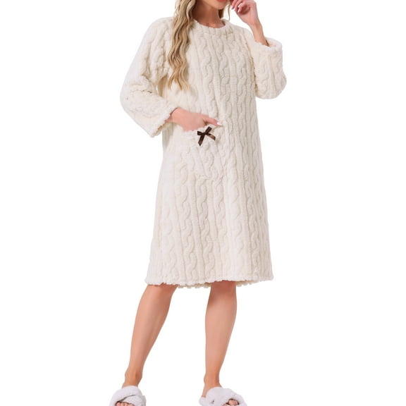 INSPIRE CHIC Womens Flannel Nightgown Fuzzy Fleece Sleepdress O Neck Pullover Winter Loungewear with Pocket M White
