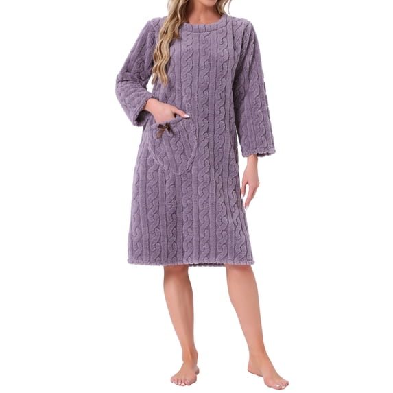 INSPIRE CHIC Womens Flannel Nightgown Fuzzy Fleece Sleepdress O Neck Pullover Winter Loungewear with Pocket S Purple