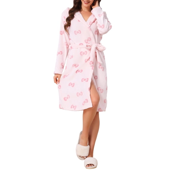 INSPIRE CHIC Women's Fleece Robe with Hood Cute Heart & Bow Pattern Fluffy Long Sleeve Spa Bathrobe Lightweight Sleepwear L Pink Bow