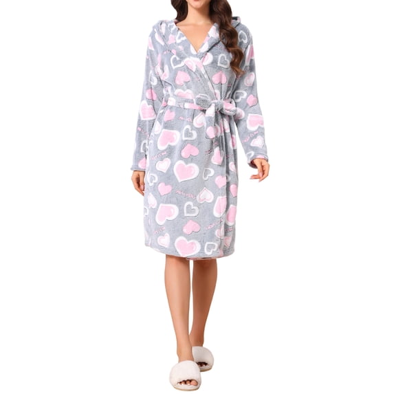 INSPIRE CHIC Women's Fleece Robe with Hood Cute Heart & Bow Pattern Fluffy Long Sleeve Spa Bathrobe Lightweight Sleepwear M Gray Heart