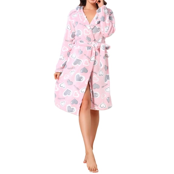 INSPIRE CHIC Women's Fleece Robe with Hood Cute Heart & Bow Pattern Fluffy Long Sleeve Spa Bathrobe Lightweight Sleepwear S Pink Heart
