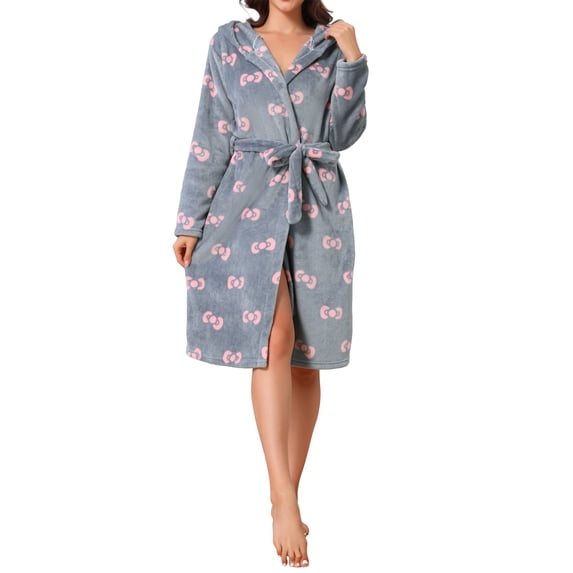 INSPIRE CHIC Women's Fleece Robe with Hood Cute Heart & Bow Pattern Fluffy Long Sleeve Spa Bathrobe Lightweight Sleepwear XL Gray Bow