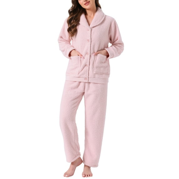 INSPIRE CHIC Womens Fleece Sleepwear Winter Button Down Fuzzy Plush Soft Warm Pajama Sets with Pockets M Pink