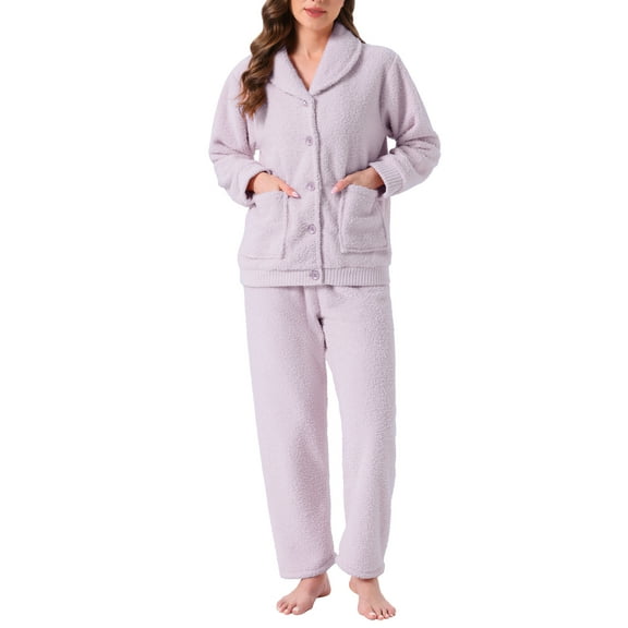 INSPIRE CHIC Womens Fleece Sleepwear Winter Button Down Fuzzy Plush Soft Warm Pajama Sets with Pockets S Purple