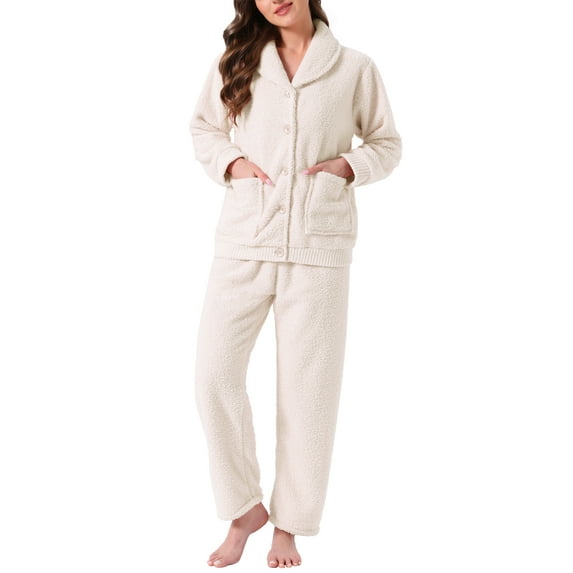 INSPIRE CHIC Womens Fleece Sleepwear Winter Button Down Fuzzy Plush Soft Warm Pajama Sets with Pockets S White