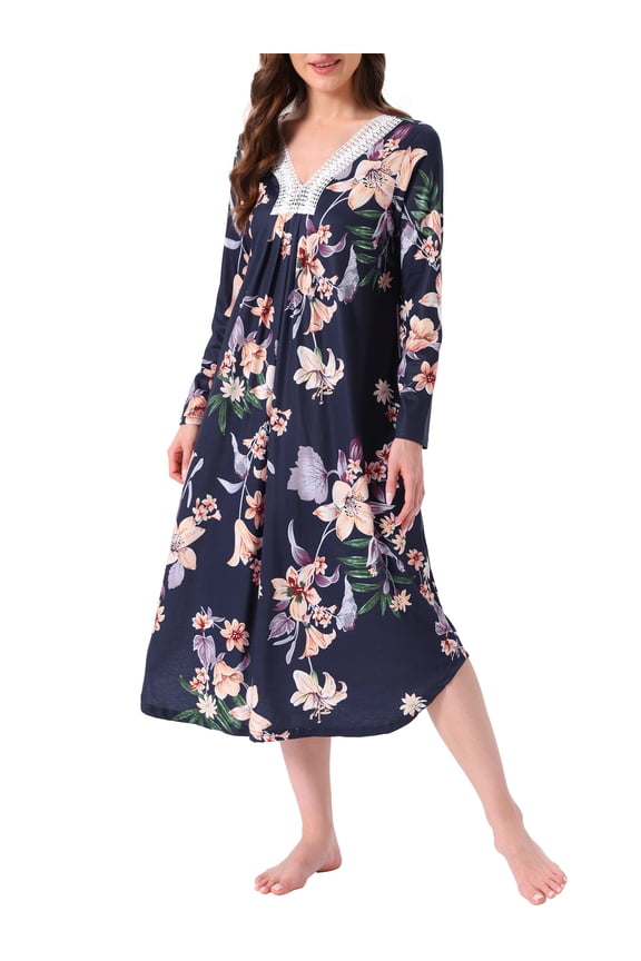 Womens Floral Mumu Nightgowns Long Sleeves House Dresses Sleepwear Moomoo Nighshirts M Blue