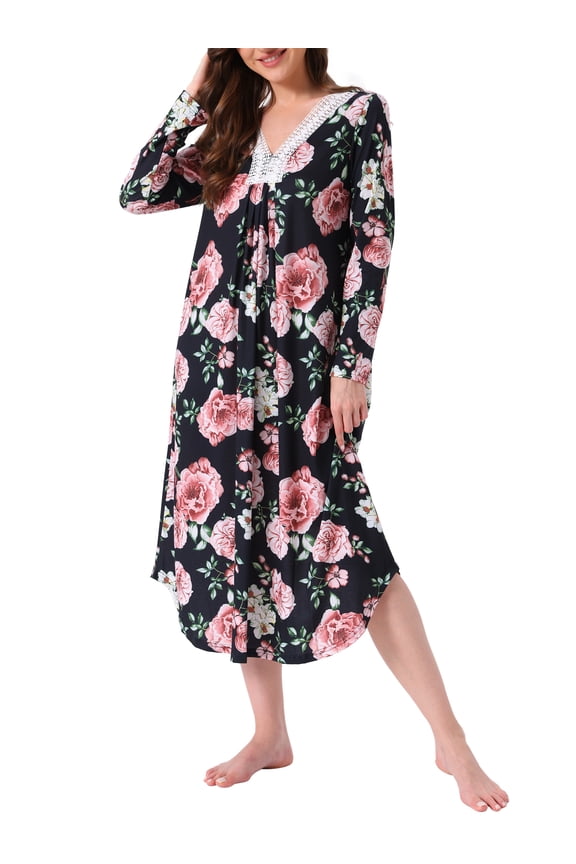 Womens Floral Mumu Nightgowns Long Sleeves House Dresses Sleepwear Moomoo Nighshirts S Black