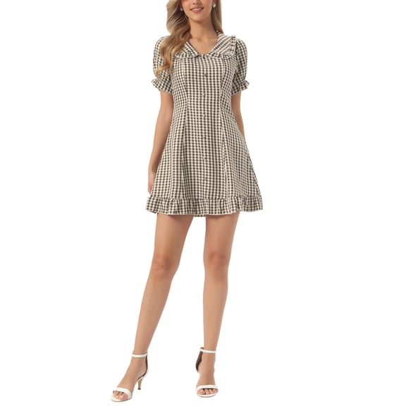 INSPIRE CHIC Womens Gingham Checks Ruffled Peter Pan Collar 1960s Mini Dress XS Brown