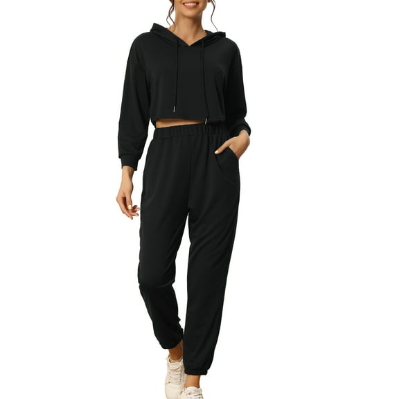 INSPIRE CHIC Women's Hoodies Tracksuits Loungwear Sets Crop Sweatshirt and Long Jogger M Black