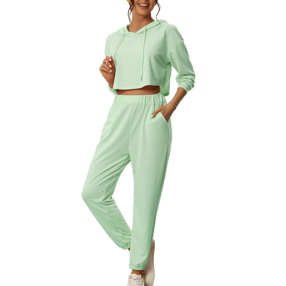 INSPIRE CHIC Women's Hoodies Tracksuits Loungwear Sets Crop Sweatshirt and Long Jogger XL Green
