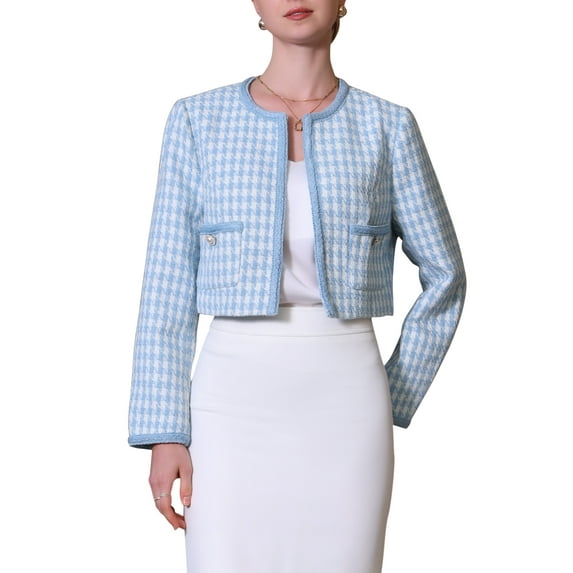INSPIRE CHIC Womens Houndstooth Blazer Collarless Open Front Crop Plaid Tweed Jacket 2XL 1