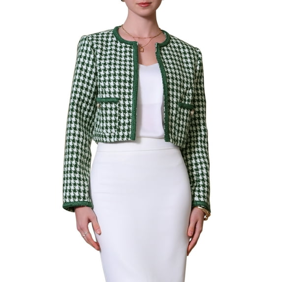 INSPIRE CHIC Womens Houndstooth Blazer Collarless Open Front Crop Plaid Tweed Jacket 2XL 2