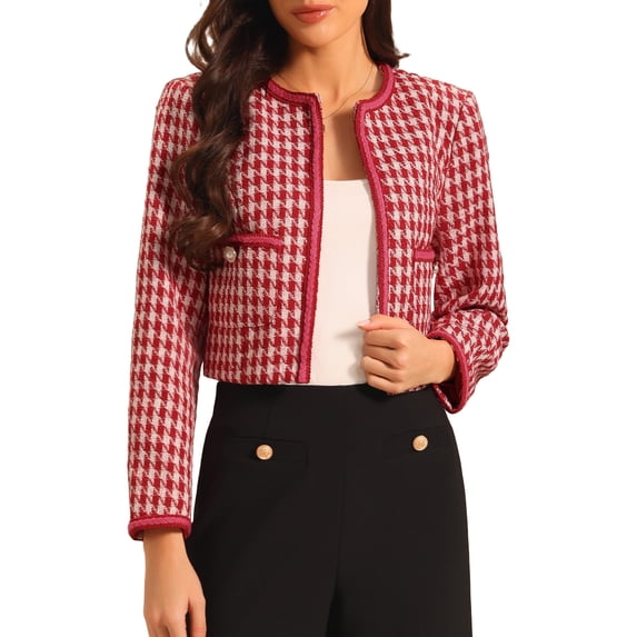 INSPIRE CHIC Womens Houndstooth Blazer Collarless Open Front Crop Plaid Tweed Jacket S 3