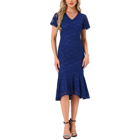 INSPIRE CHIC Womens' Lace Floral Dresses Fishtail Formal Cocktail Short Sleeve Midi Dress M Dark Blue