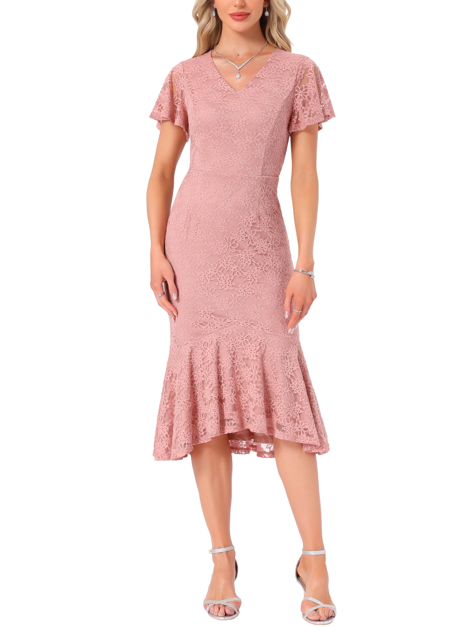 INSPIRE CHIC Easter Inspired Womens' Lace Floral Dresses Fishtail Formal  Cocktail Short Sleeve Midi Dress M Pink - Walmart.com