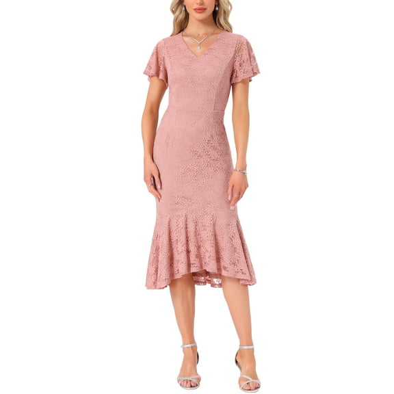 INSPIRE CHIC Womens' Lace Floral Dresses Fishtail Formal Cocktail Short Sleeve Midi Dress XL Pink