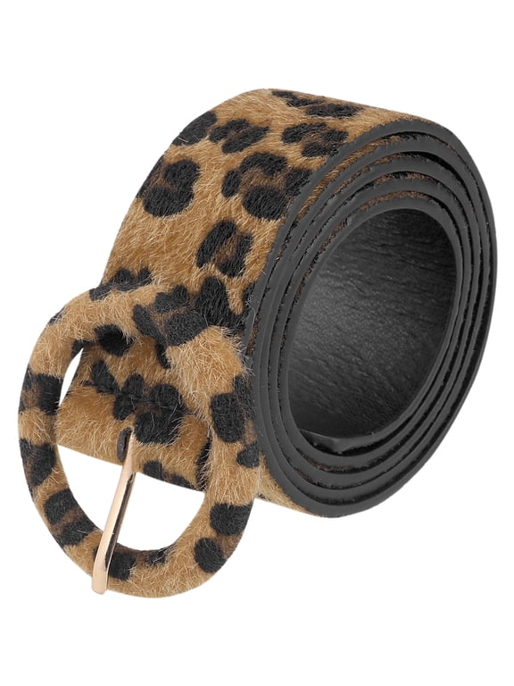 Women's Leopard Printed Retro Belts, 1.5" Width Wide Faux Fur Leather Round Buckle Waistband for Jeans Pants 44.1x1.5"(LxW) Black Brown