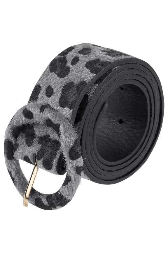 Women's Leopard Printed Retro Belts, 1.5" Width Wide Faux Fur Leather Round Buckle Waistband for Jeans Pants 44.1x1.5"(LxW) Black Grey
