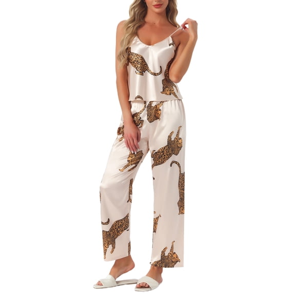 INSPIRE CHIC Women's Leopard Satin Pajama Set Sleeveless V-Neck Cami & Elastic Waist Lounge Pants M Champagne