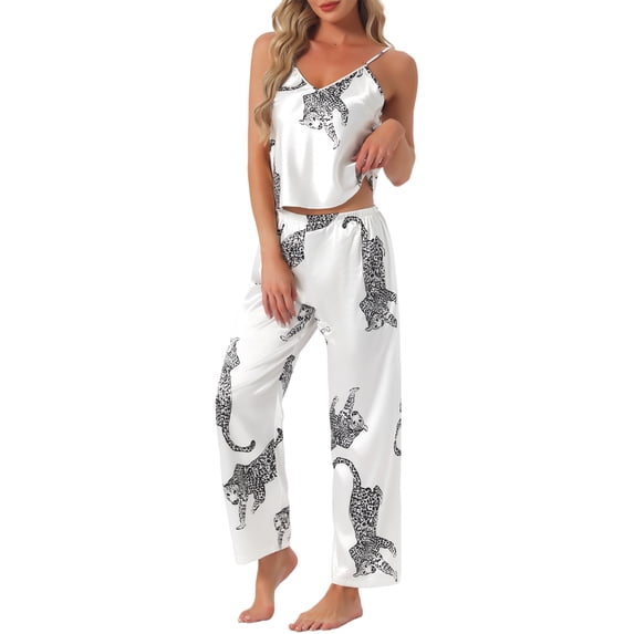 INSPIRE CHIC Women's Leopard Satin Pajama Set Sleeveless V-Neck Cami & Elastic Waist Lounge Pants XL White