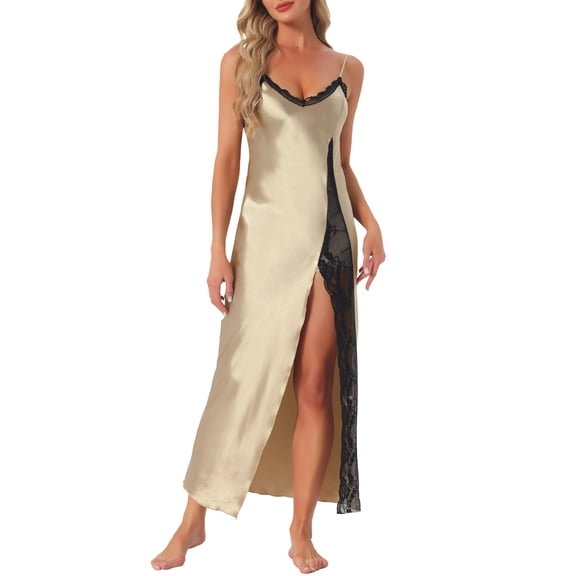 INSPIRE CHIC Womens Long Satin Nightgown Lace Slit Slip Lingerie for Ladies V Veck Nightwear Silky Chemise Long Sleepwear L Champagne