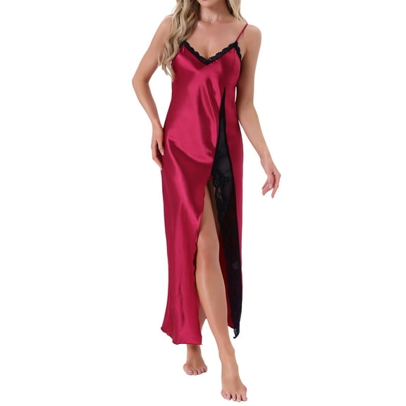 INSPIRE CHIC Womens Long Satin Nightgown Lace Slit Slip Lingerie for Ladies V Veck Nightwear Silky Chemise Long Sleepwear M Red