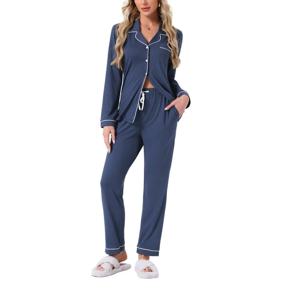 INSPIRE CHIC Women's Pajamas Set Long Sleeve Button Down Notch Collar Loungewear and Drawstring Pants with Pockets S Dark Blue