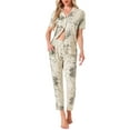 thumbnail image 1 of INSPIRE CHIC Womens Longewear Button Up Tencel Floral Ink Wash Pattern Short Sleeve Notched Collar Pants Set with Pockets M Beige, 1 of 6