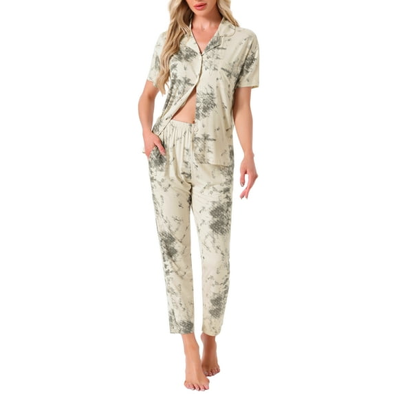 INSPIRE CHIC Womens Longewear Button Up Tencel Floral Ink Wash Pattern Short Sleeve Notched Collar Pants Set with Pockets M Beige