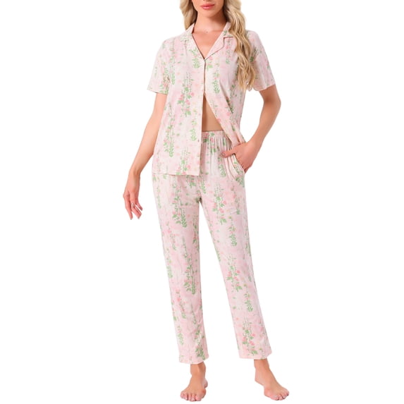 INSPIRE CHIC Womens Longewear Button Up Tencel Floral Ink Wash Pattern Short Sleeve Notched Collar Pants Set with Pockets S Pink