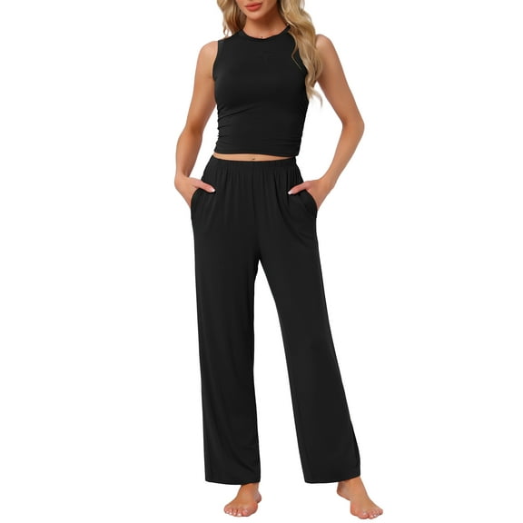 INSPIRE CHIC Women's Lounge Set Sleeveless Tank Top and Pants Sleepwear Soild Pajama Set XS Black