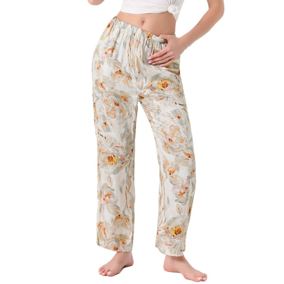INSPIRE CHIC Womens Lounge Pants Floral Dot Pattern Wide Leg Pants Elastic Waist with Pocket Sleep Nightwear Pajama L Floral