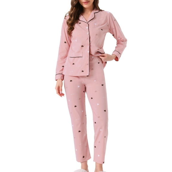 INSPIRE CHIC Womens Lounge Set Cotton Button Up Cute Pattern Print Long Sleeve Notched Collar Pants Set with Pockets Pajama Set XS Triangle