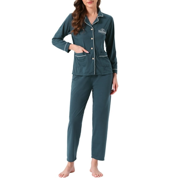 INSPIRE CHIC Womens Lounge Set Cotton Button Up Long Sleeve Pants Ribbed Pattern with Pocket Pajama Set Loungewear L Lake Blue