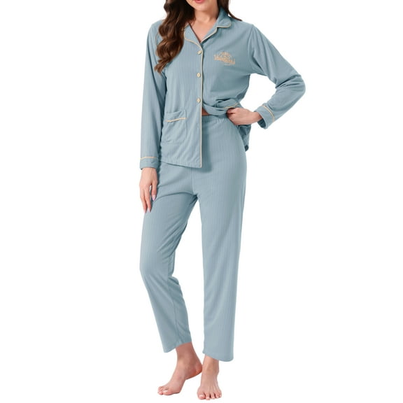 INSPIRE CHIC Womens Lounge Set Cotton Button Up Long Sleeve Pants Ribbed Pattern with Pocket Pajama Set Loungewear M Blue