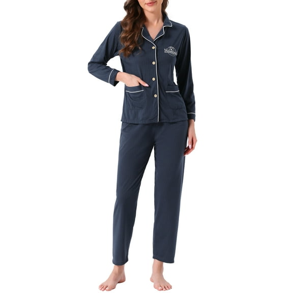 INSPIRE CHIC Womens Lounge Set Cotton Button Up Long Sleeve Pants Ribbed Pattern with Pocket Pajama Set Loungewear S Navy