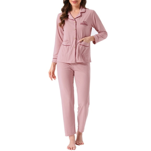 INSPIRE CHIC Womens Lounge Set Cotton Button Up Long Sleeve Pants Ribbed Pattern with Pocket Pajama Set Loungewear S Pink