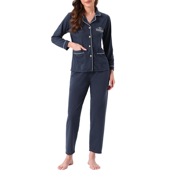 INSPIRE CHIC Womens Lounge Set Cotton Button Up Long Sleeve Pants Ribbed Pattern with Pocket Pajama Set Loungewear XL Navy